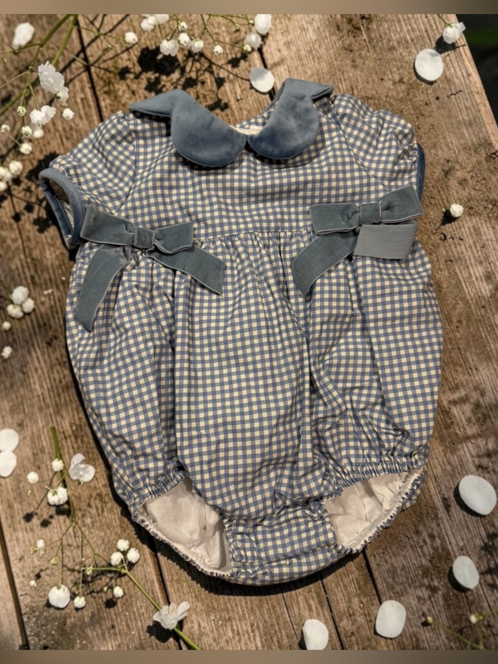 NEW!!  Edgehill Collection Blue and White Gingham Baby Romper with Velvet Collar